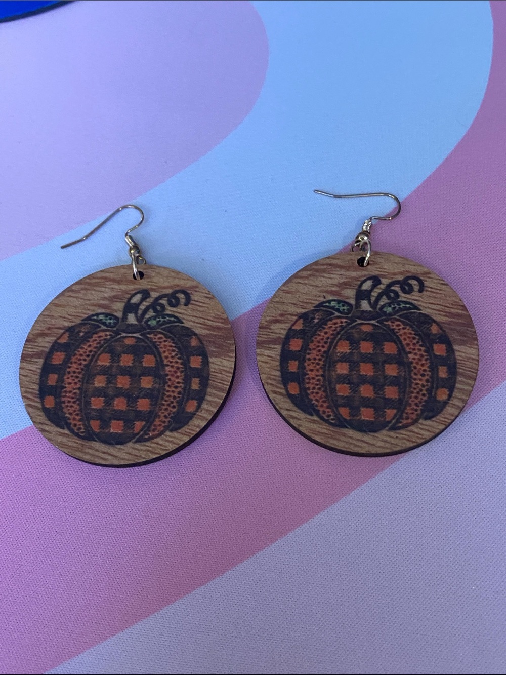 Wooden Pumpkin Dangle Earrings - double sided- Orange & Black